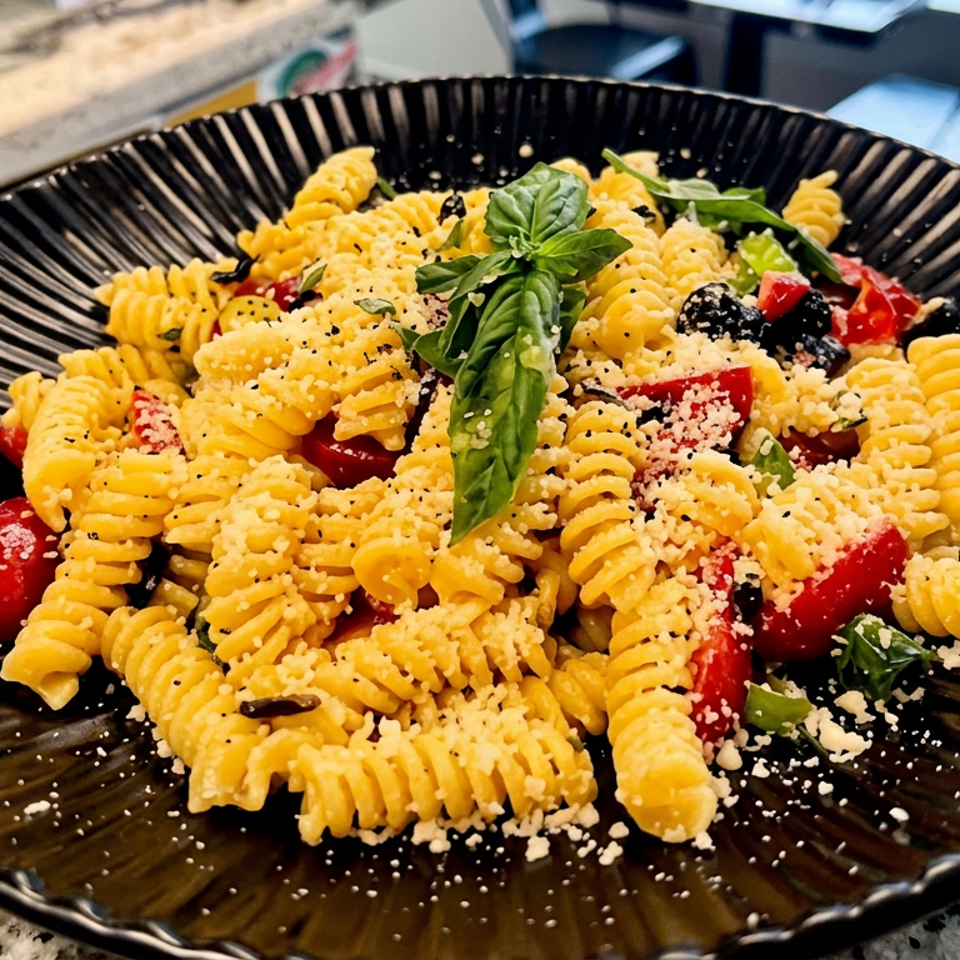 Rotini pasta salad with red peppers, black olives, basil, and grated cheese on a black plate in a restaurant.