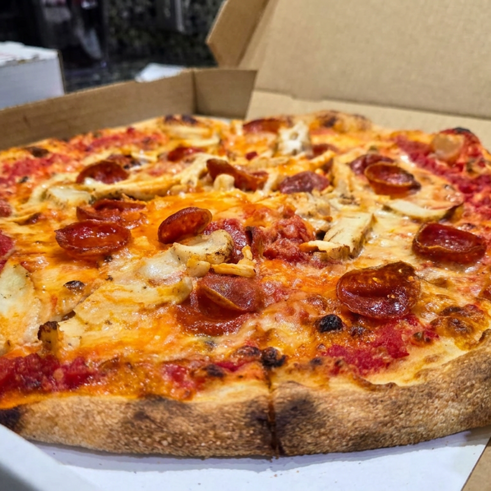 Freshly baked thin-crust pizza topped with pepperoni, chicken, mushrooms, tomato sauce, and melted cheese in an open cardboard box.
