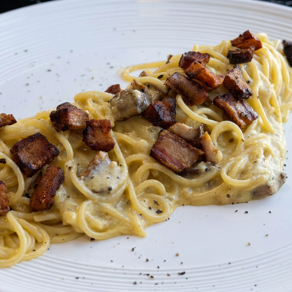 Creamy spaghetti carbonara topped with crisp bacon and mushrooms on a white ridged plate.