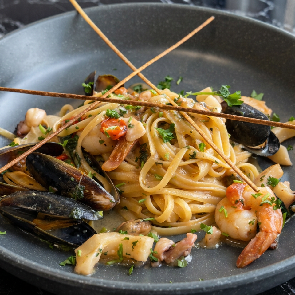 Seafood linguine with mussels, shrimp, scallops, herbs, and crossed breadsticks on a dark ceramic plate.