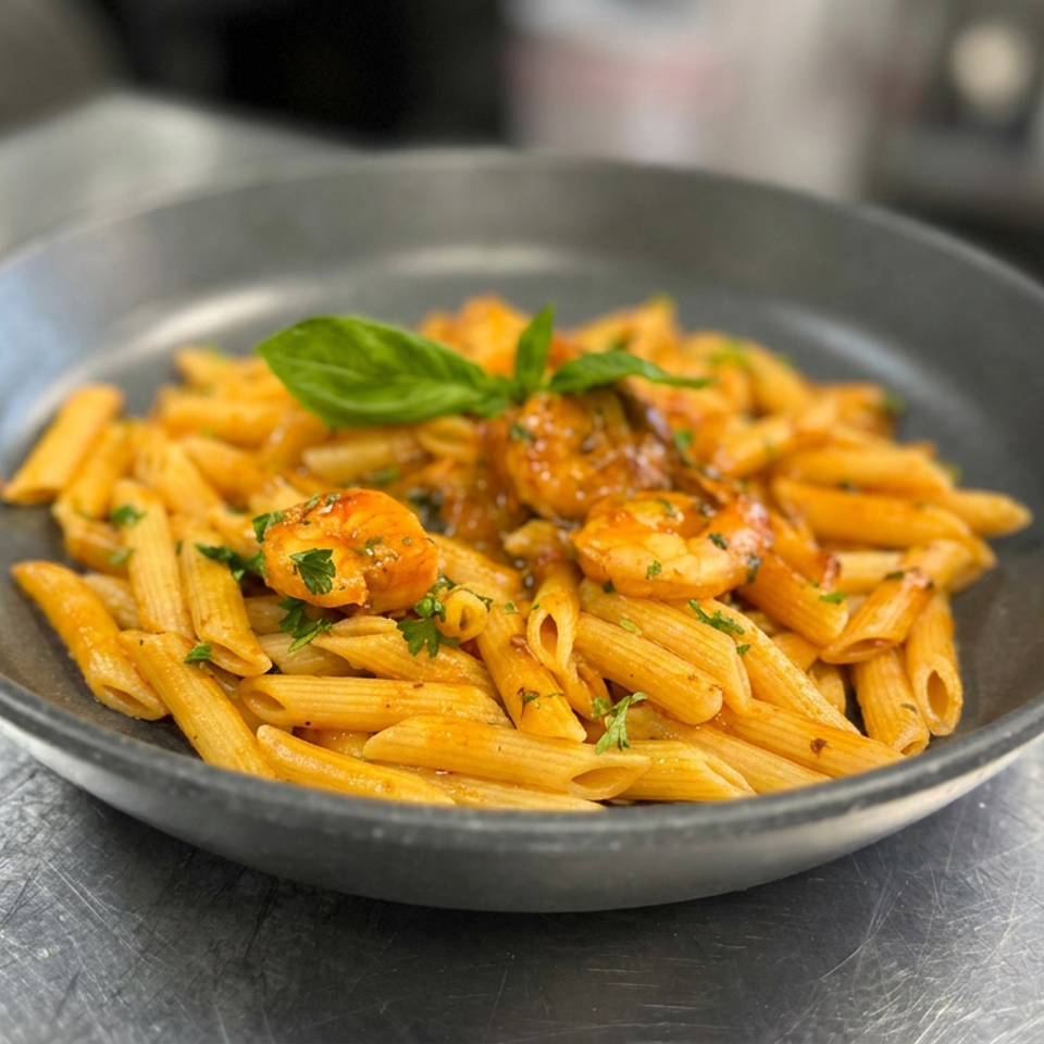 Penne pasta with shrimp in orange sauce, garnished with parsley and basil, served in a dark bowl.